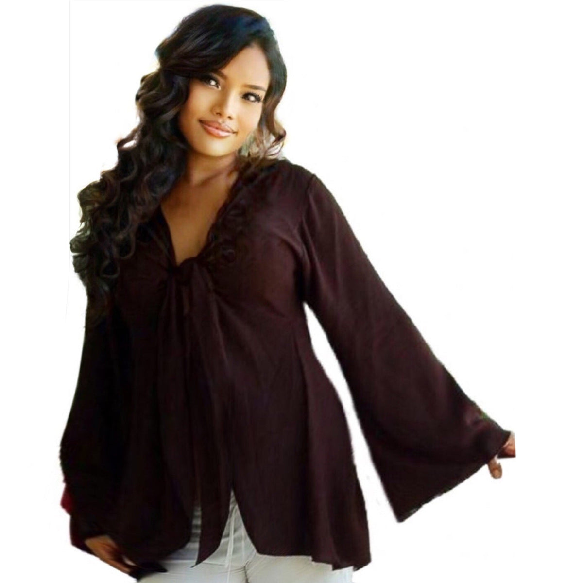 Brylee V Neckline Long Bell Sleeves Sexy Boho Chiffon Blouse