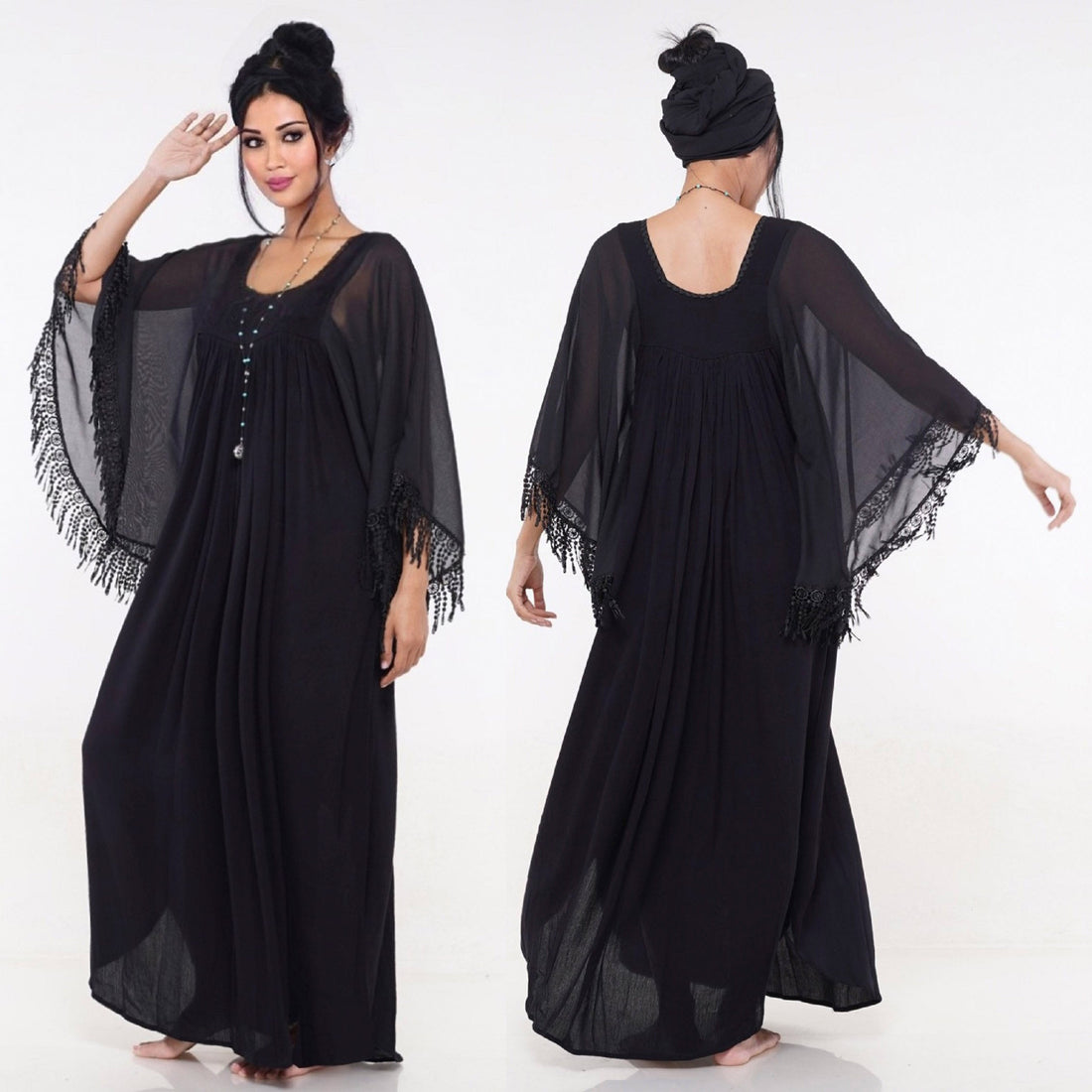 Mazikeen Fringe Butterfly Caftan Black Maxi Dress