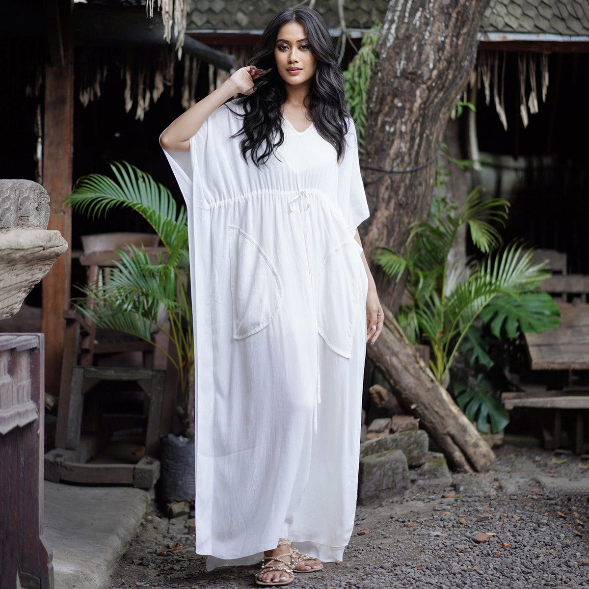 Maddison V Neck Tie front Kaftan Maxi Dress
