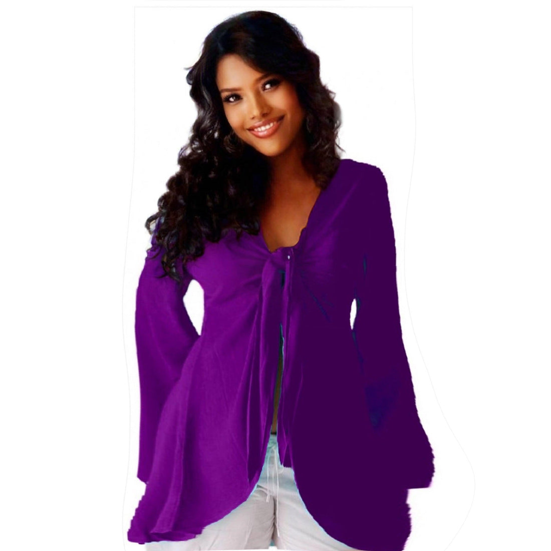Brylee V Neckline Long Bell Sleeves Sexy Boho Chiffon Blouse