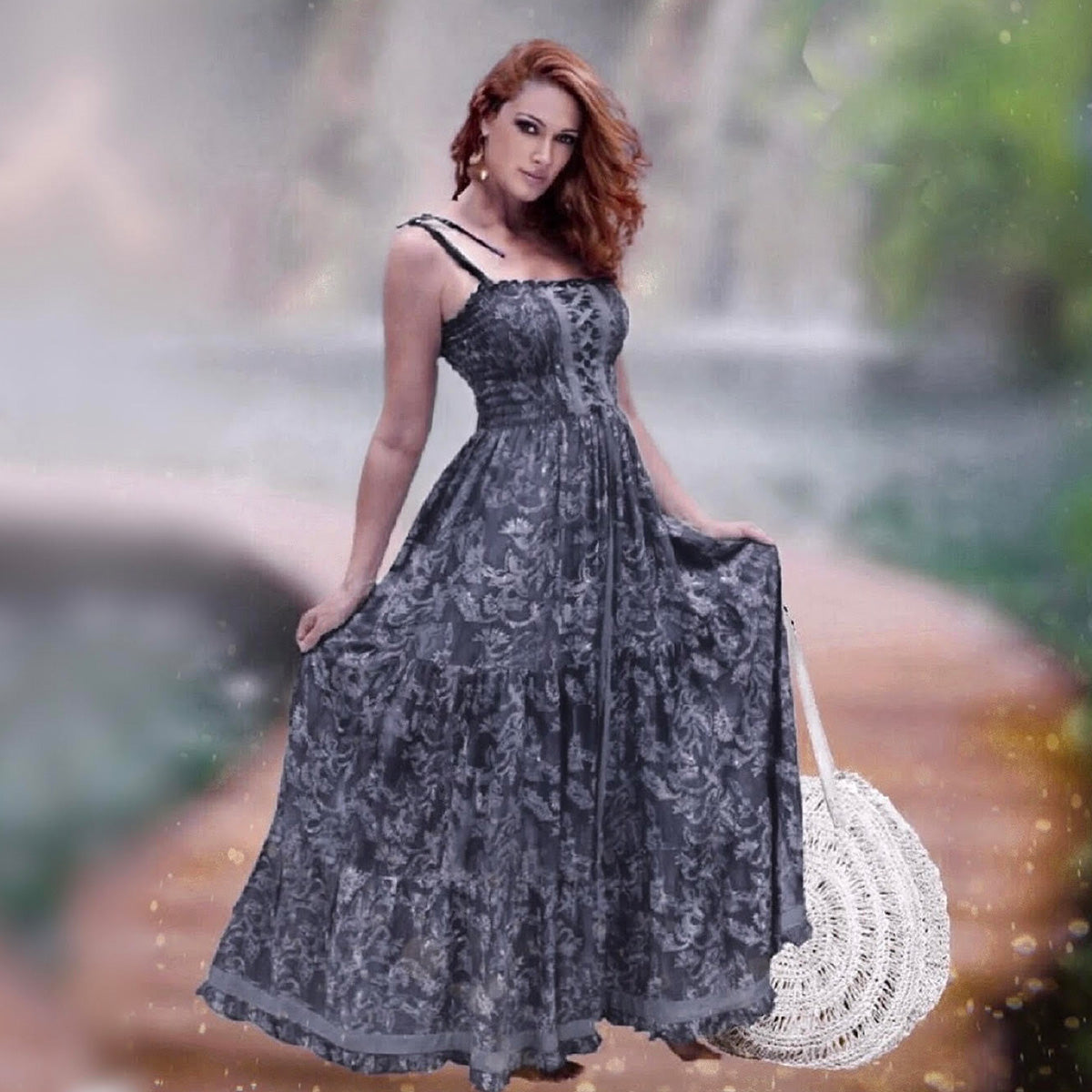 Guinevere Spaghetti Straps Smocked Lacings Ruffle Maxi Dress
