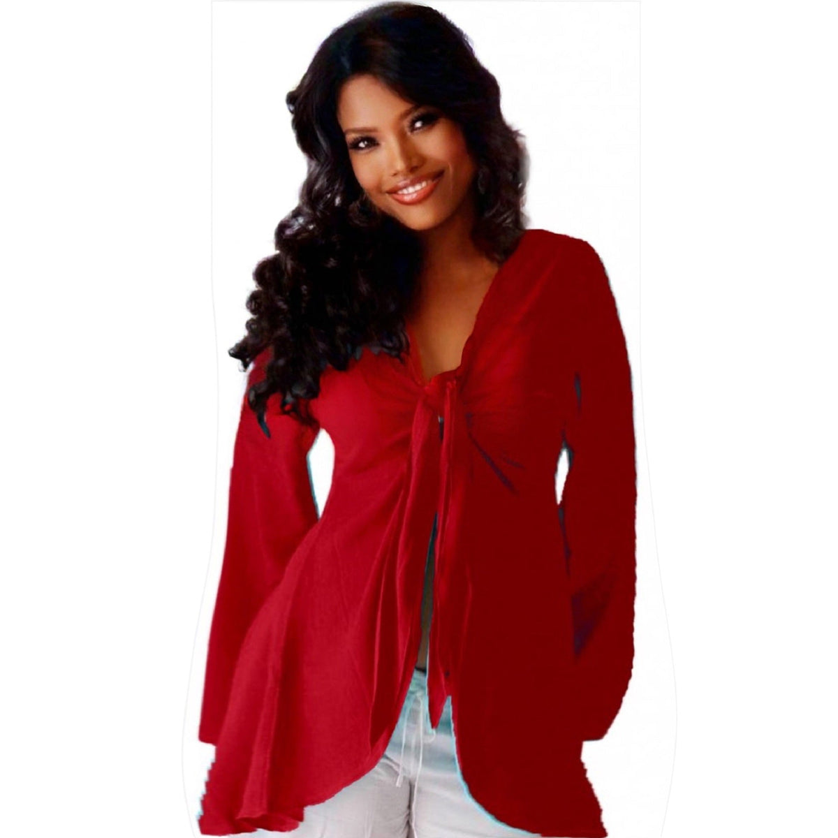 Brylee V Neckline Long Bell Sleeves Sexy Boho Chiffon Blouse