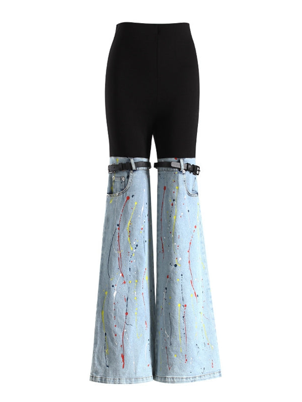 Contrast Color Denim Flare Fashion Pants