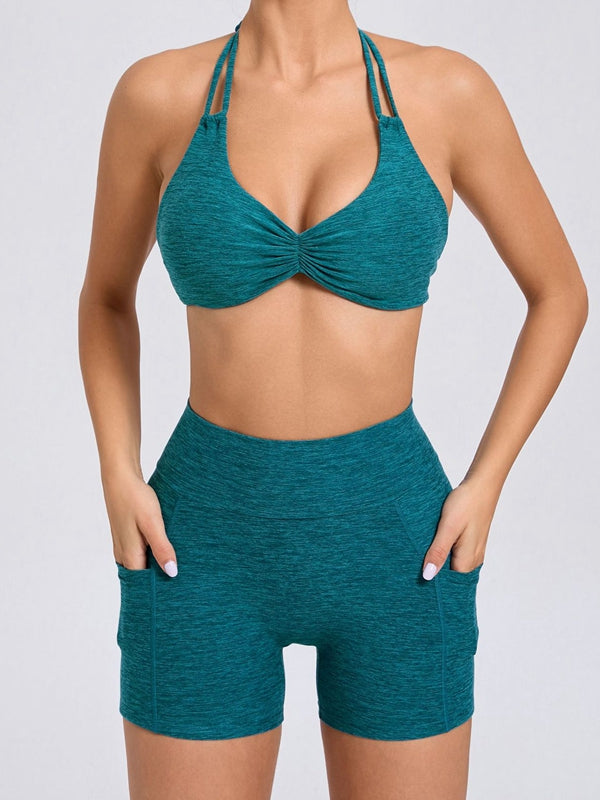 Deep V Back Pocket Scrunch Bum Halter Backless Short Tracksuit
