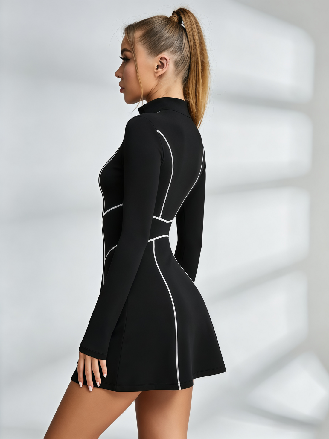 Black Long-Sleeve Half-Zip Contrast Stitch Tennis Dress with Built-In Shorts