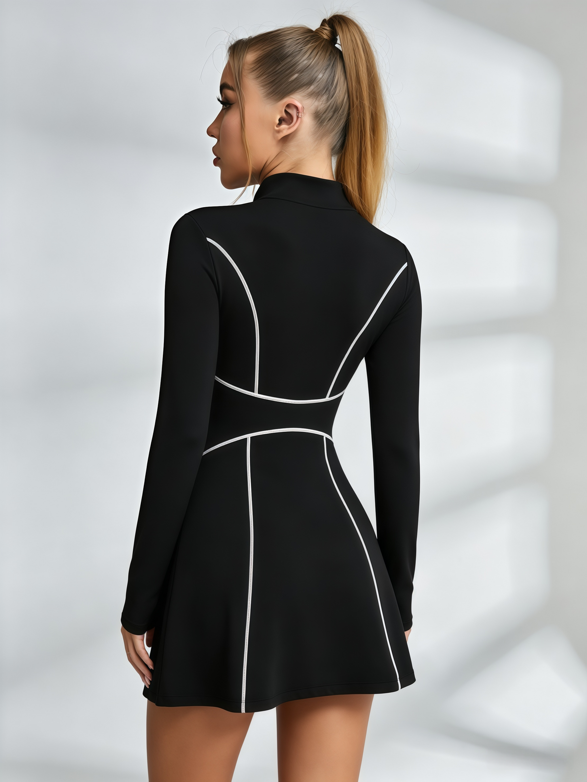 Black Long-Sleeve Half-Zip Contrast Stitch Tennis Dress with Built-In Shorts