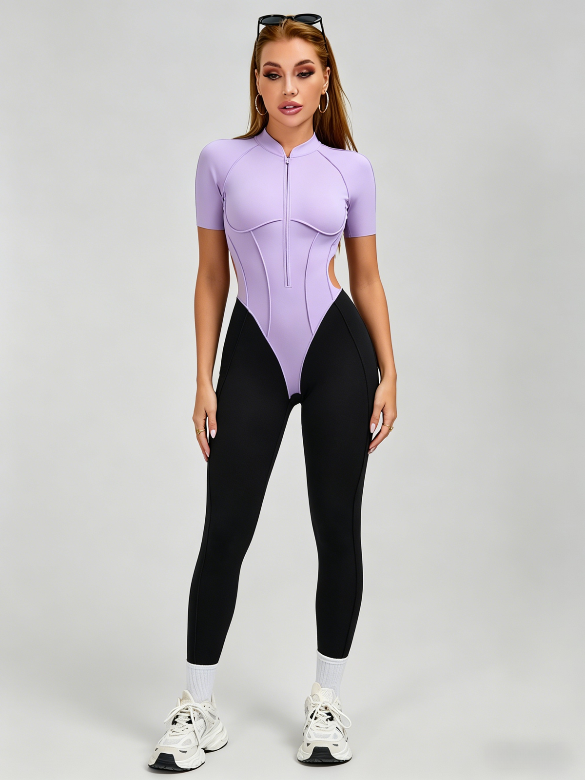 Contrast Color Backless Stitch Zipper Jumpsuit