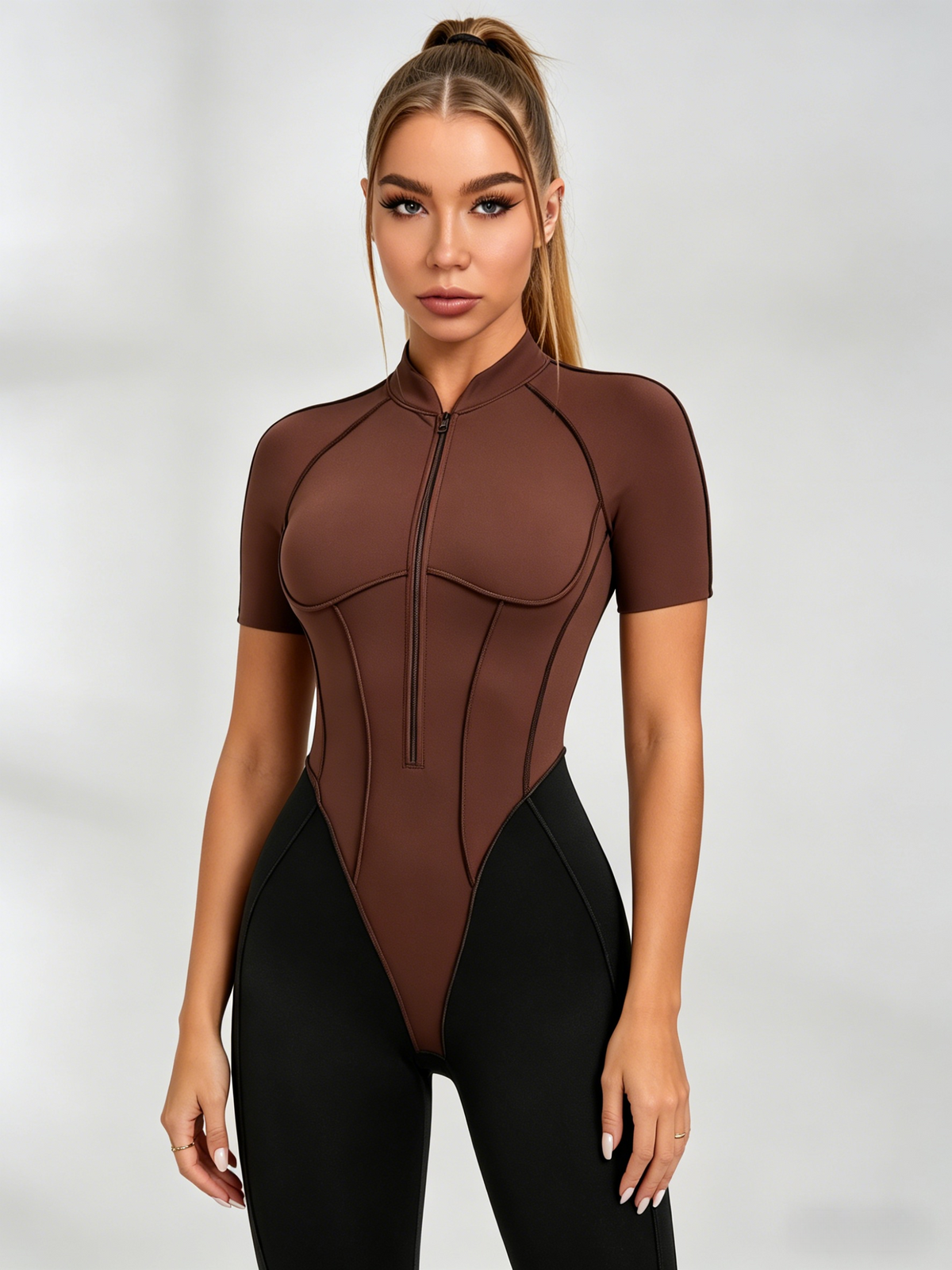 Contrast Color Backless Stitch Zipper Jumpsuit