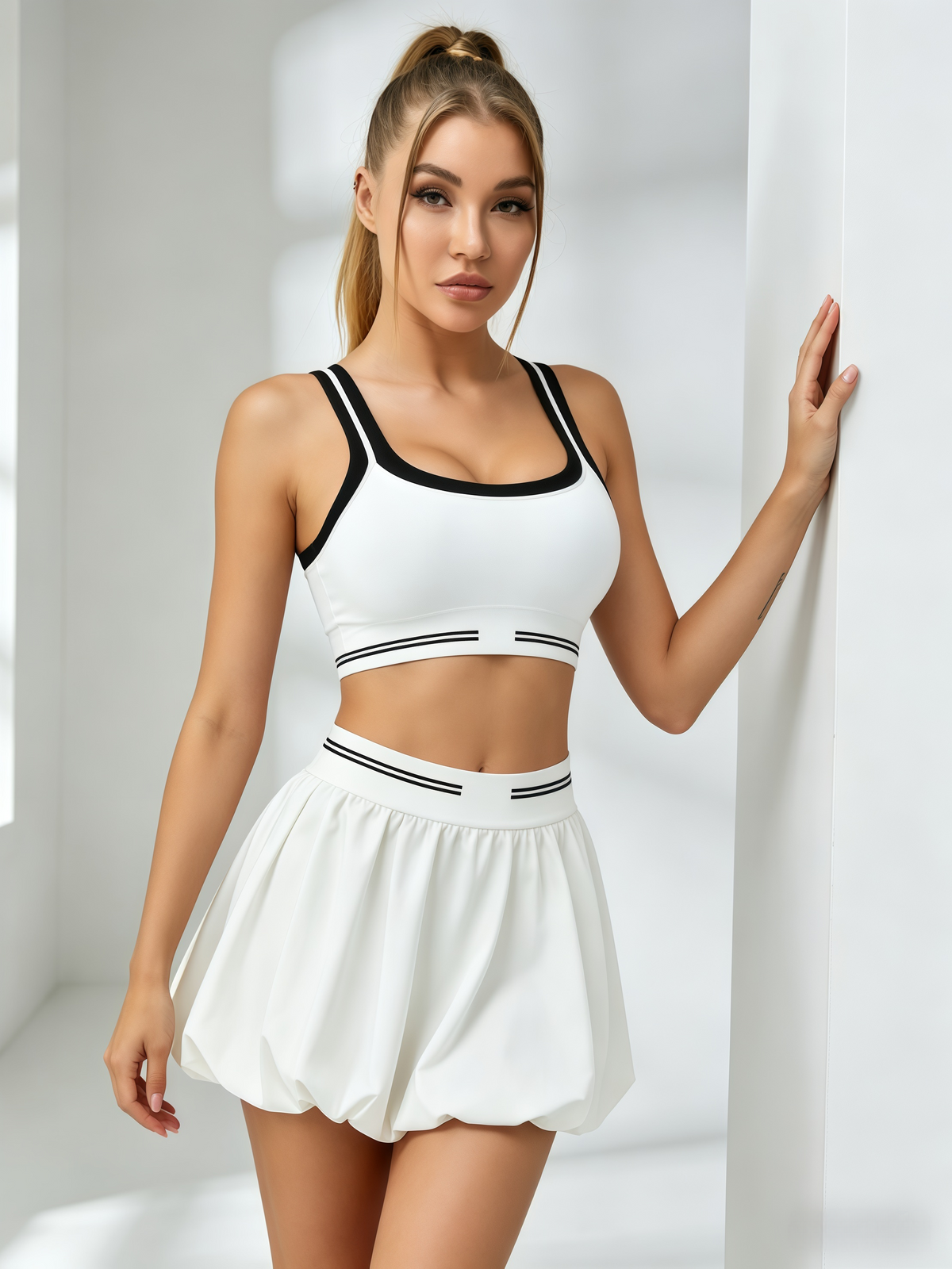 Color-Block Crop Top & Bubble Tennis Skirt Set