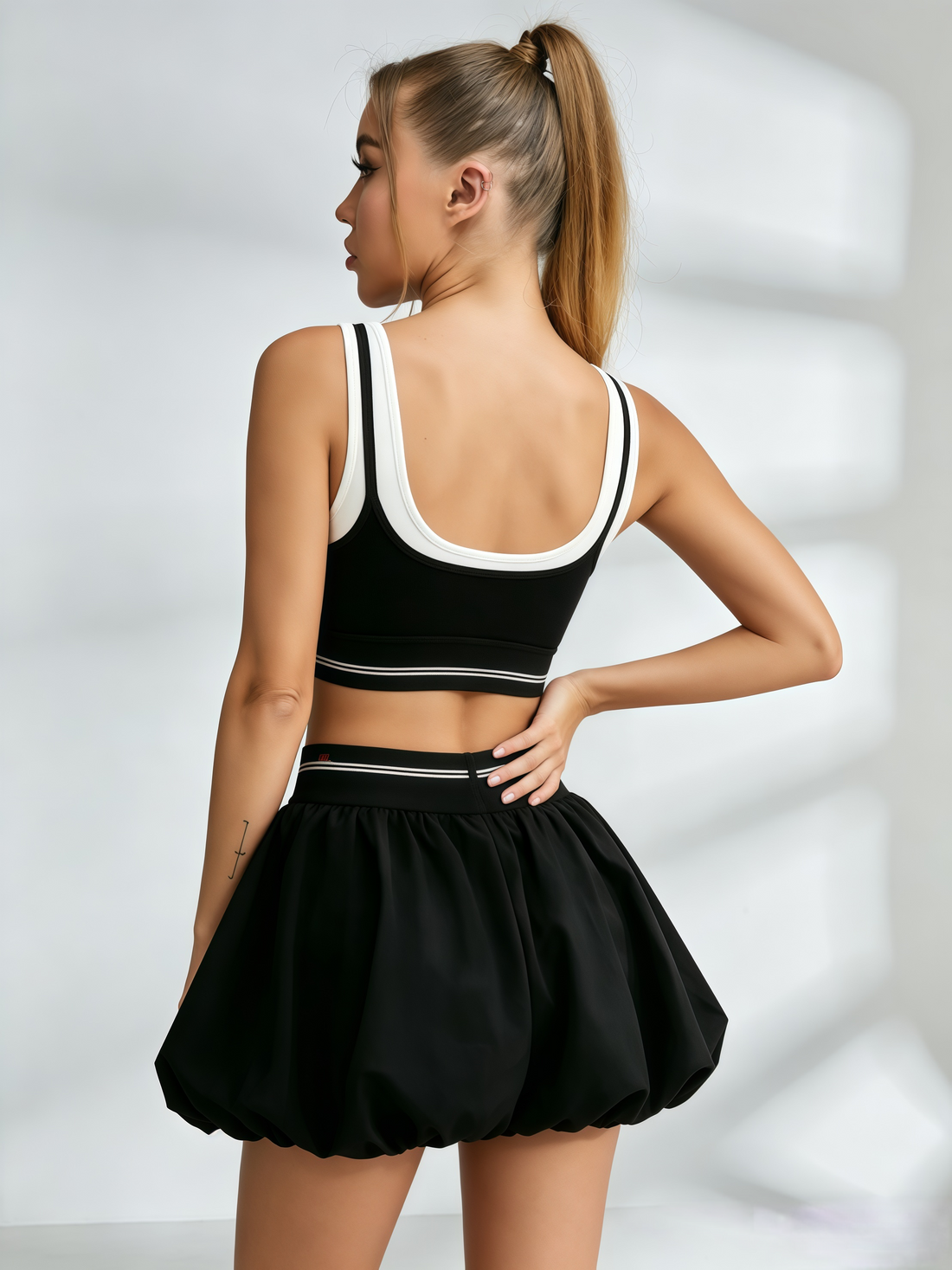 Color-Block Crop Top & Bubble Tennis Skirt Set