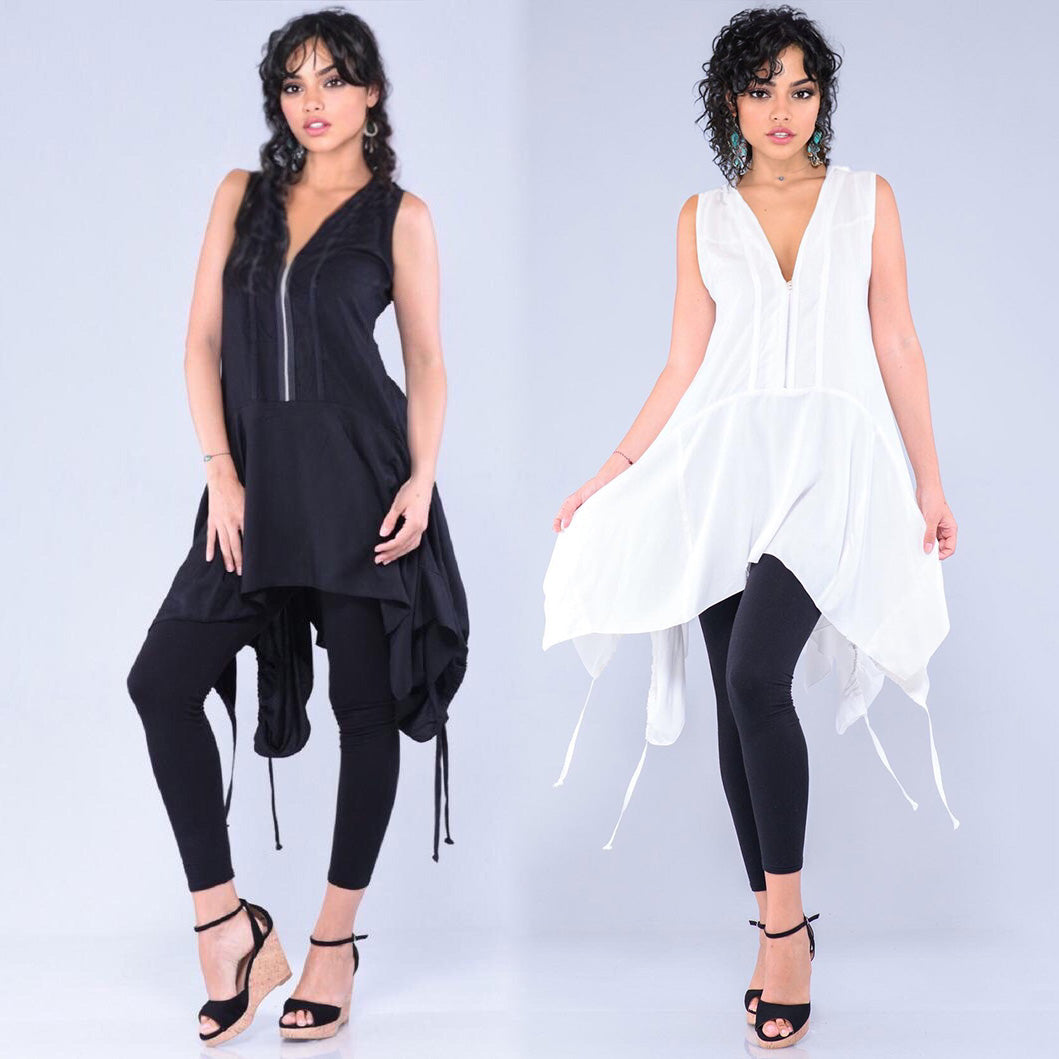 Lorelai Zipper Drawstring Waist Angled Hem Tunic Top