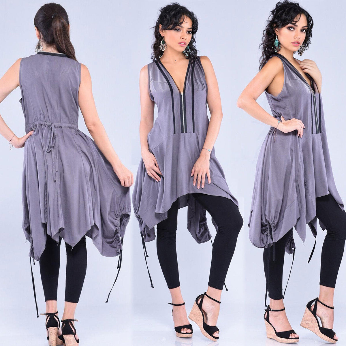 Lorelai Zipper Drawstring Waist Angled Hem Tunic Top