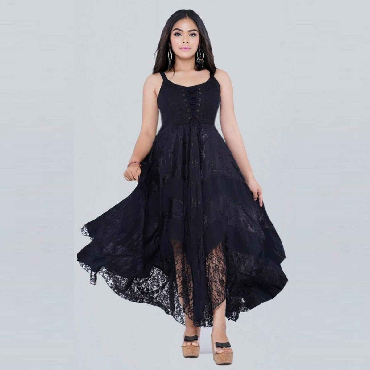 Ximena Victorian Adjustable Lacing Ties Flattering Maxi Dress