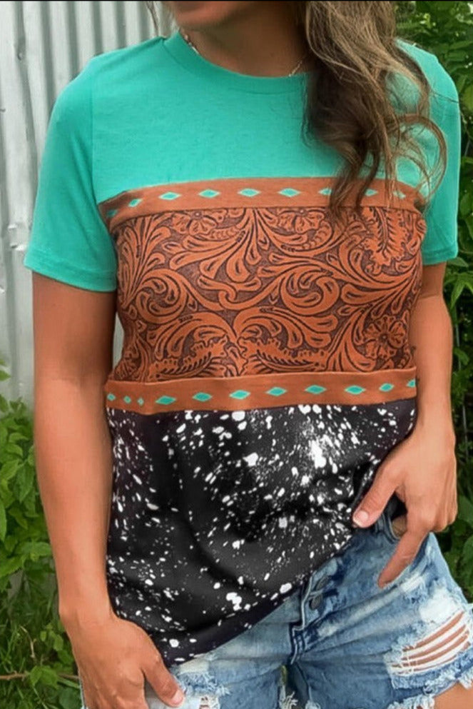 Liliana Green Marble Print Buckstitch Splicing Color Block T-shirt