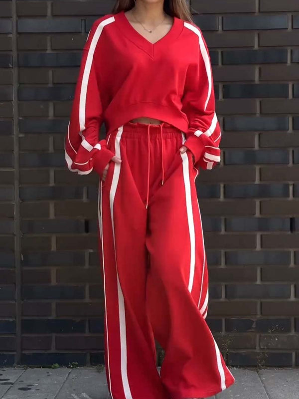 Contrast Color Stripes Big Heart Collar Pocket Casual Tracksuit