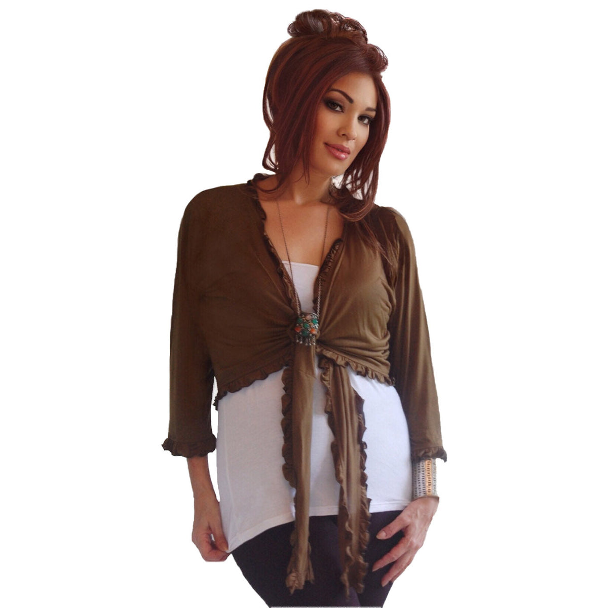 Zainab Tie front Ruffle Jersey Stretch Cardigan