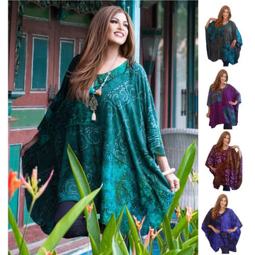 Addilynn V-Neck Bohemian Art Batik Patch Poncho Shirt