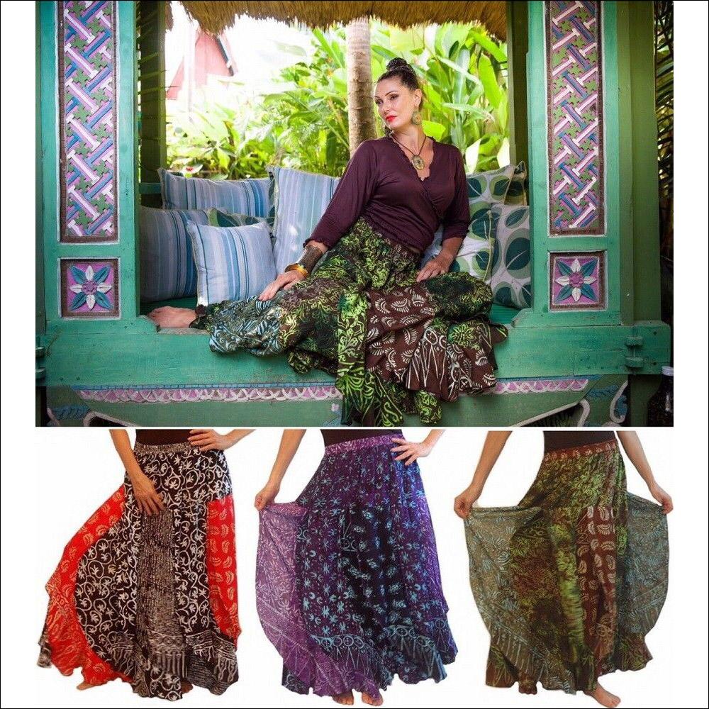 Amiyah Batik Patchwork Layered Elastic Waist Maxi Skirt