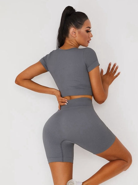 Knitted Chest Zipper Drawstring Ribbed Short Tracksuit
