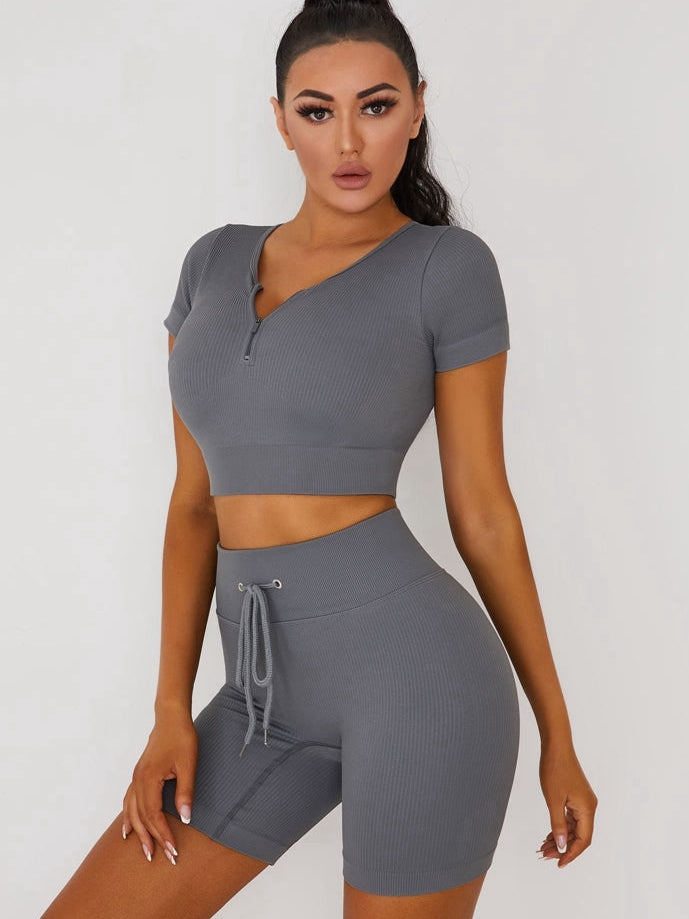 Knitted Chest Zipper Drawstring Ribbed Short Tracksuit