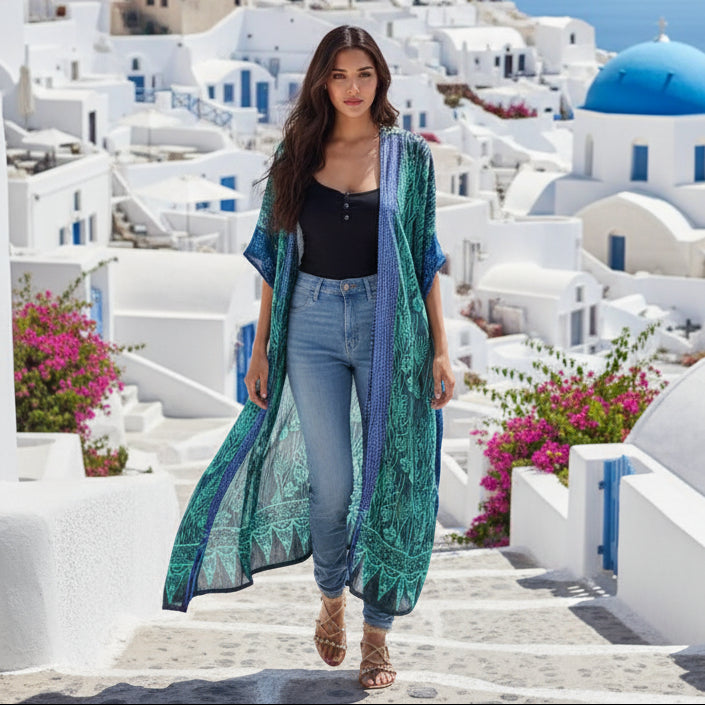 Aimee Knee Length Vertical Patch Gypsy Batik Kimono Jacket