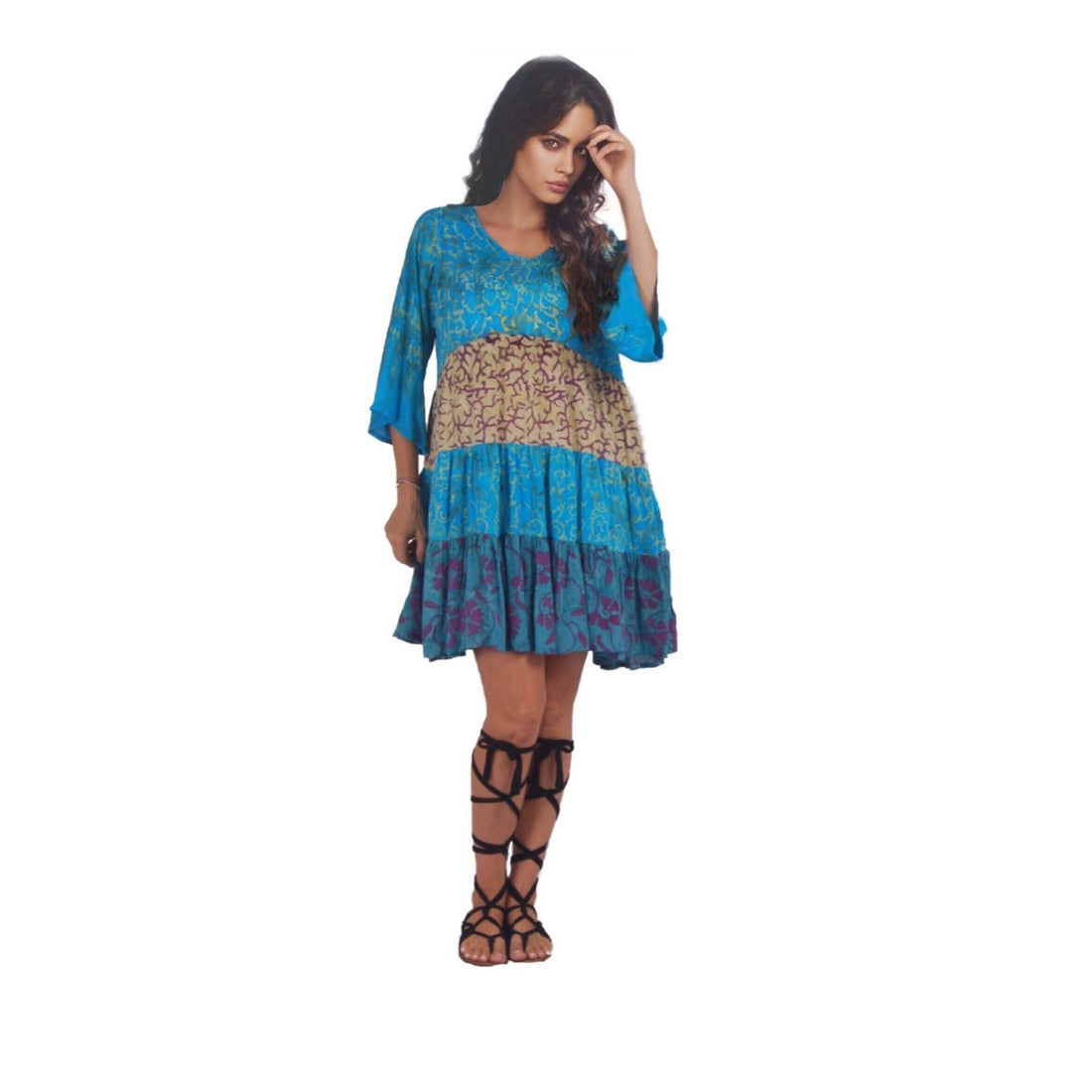 Kathryn Baby Doll Empire Tiers Batik Combination Boho Short Mini Dress