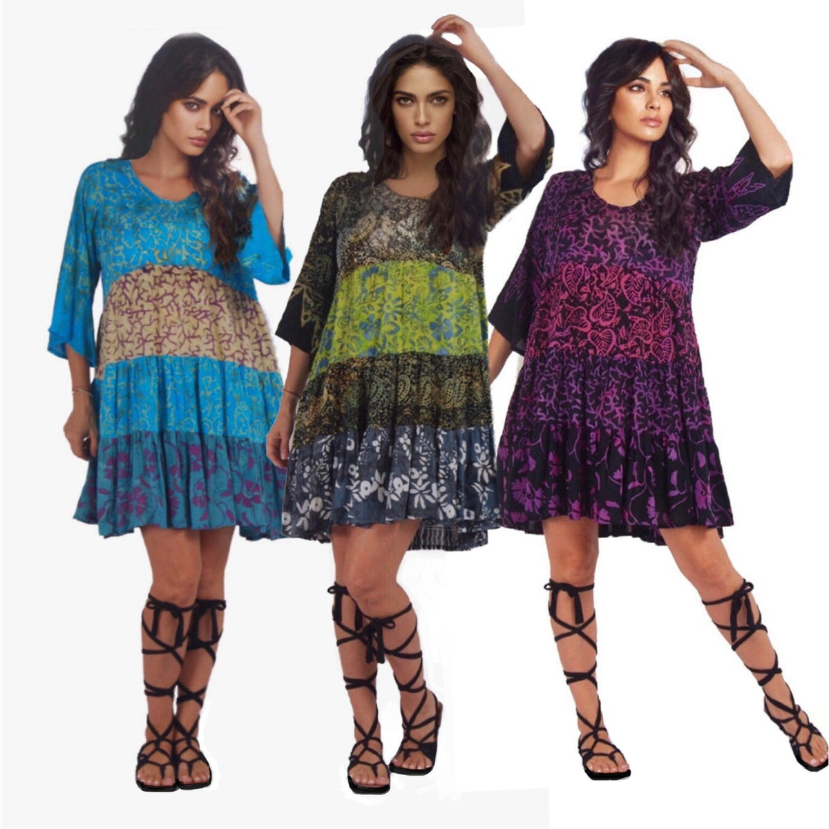 Kathryn Baby Doll Empire Tiers Batik Combination Boho Short Mini Dress