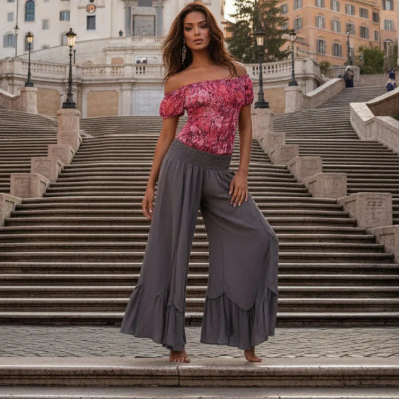 Scallop Hem Chiffon Bloomer Lagenlook Pants
