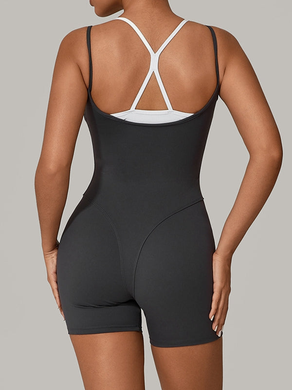 Contrast Color Cross Back Push-Up Romper