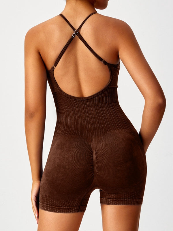 Denim Cross Back Hollow Out Frosted Nude Sensation Backless Romper
