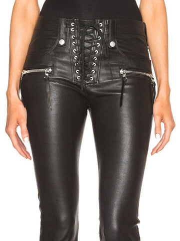 Faux Leather Zipper Lace-up Flare Leggings