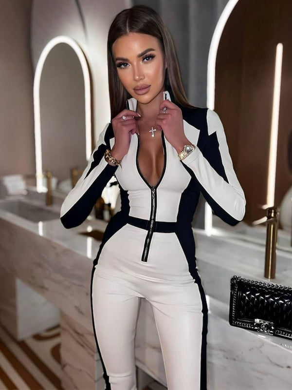 "SciFi Heroine" Contrast Color PU Half Zipper Jumpsuit