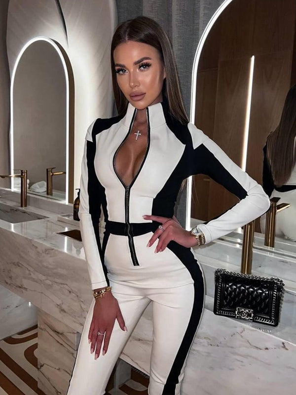 "SciFi Heroine" Contrast Color PU Half Zipper Jumpsuit