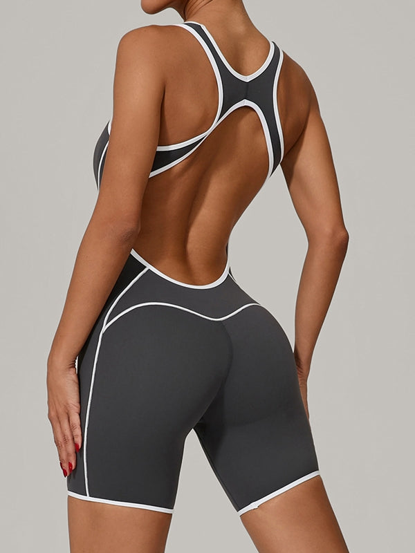 Contrast Color Stripes Backless Romper